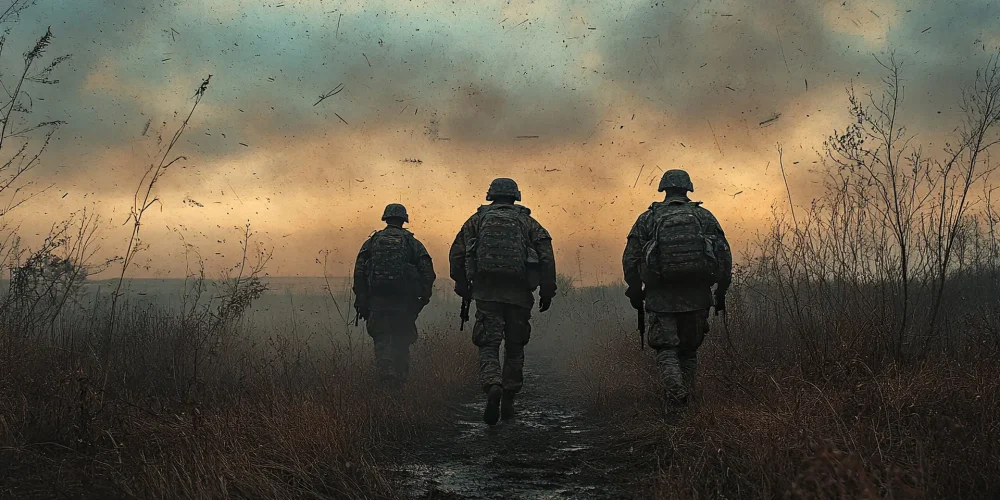 Three men in military clothing, carrying weapons, walk into a field during shelling.